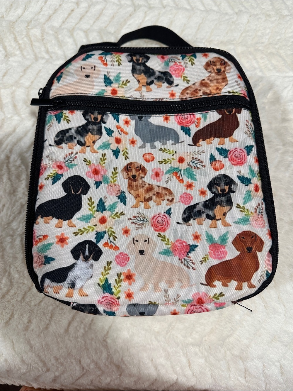 Dachshund Print Insulated Lunch Bag - White with Multicolor Dogs